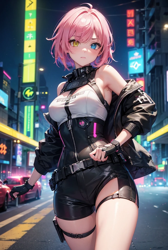 Nsfw,a female cyborg,sexual posing,skimpy suit,pussy,busty,pubic hair,glamour,pink color tone,psychedelic costume,armored,A Cyberpunk dystopian girl,fantasic dystopia,dystopian scape,bladerunner,ghost in the shell,photorealistic,psychedelic colourful tone,posing,armed,guns,weapons,masterpiece,detailed,8k,Cyberpunk city background,