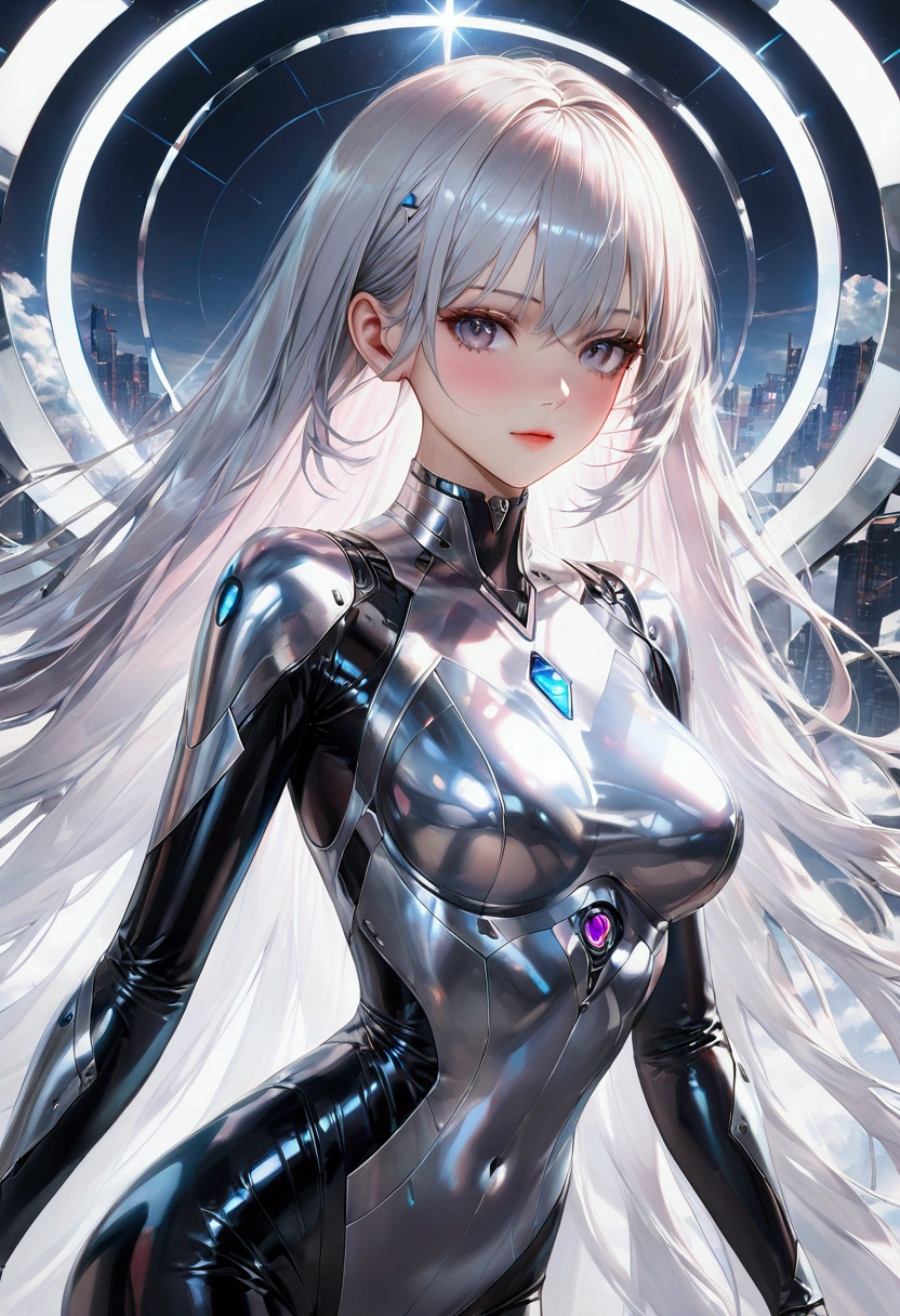 A girl with long dark iridescent hair, iridescent eyes, fair skin tone, slender and athletic built, bodysuit, detailed hair, detailed body, best quality, aesthetic,8k,realistic
