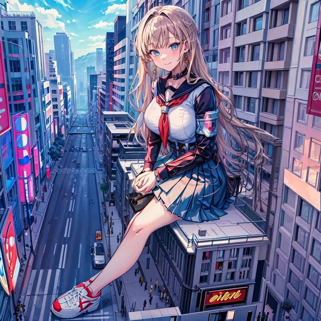 Composition seen from below Blue sky, thunderclouds, sunlight, masterpiece Delicate anime style painting 4K 90's Giant Girl, Female Titan Multiple crowds Big city crowd Many people ((Giant girl sitting in the valley of a skyscraper) High school student)) Big city, Tokyo Akihabara Electric Town, large breasts, high school girl, red school uniform, sailor suit, skirt, transparent costume, lots of sweat, splashes, sneakers, wristwatch, black hair, smile, female giant giant girl full body crowd Unreal Engine, cleavage, drawing, earrings, long hair, cute photo, beauty, analog style, whole body, sneakers, GTS, giant female giant, giant high school girl in the cleavage of buildings, skyscraper district, big city, school uniform,GTS, Giantess Female Giant, huge high school girl in the valley between buildings, skyscraper area, big city, school uniform