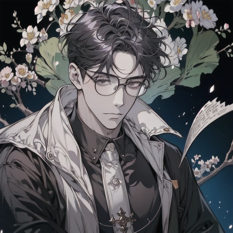 masterpiece, best quality, high quality, Extremely detailed CG unity 8k wallpaper, Handsome boy，Black hair，Glasses，Gentle, kind, determined, persistent, musically gifted, wandering/adventure，best quality, High target_solve, clearly_image, Detailed background ,flower,flower园,moon, night,Exquisite eyes，masterpiece