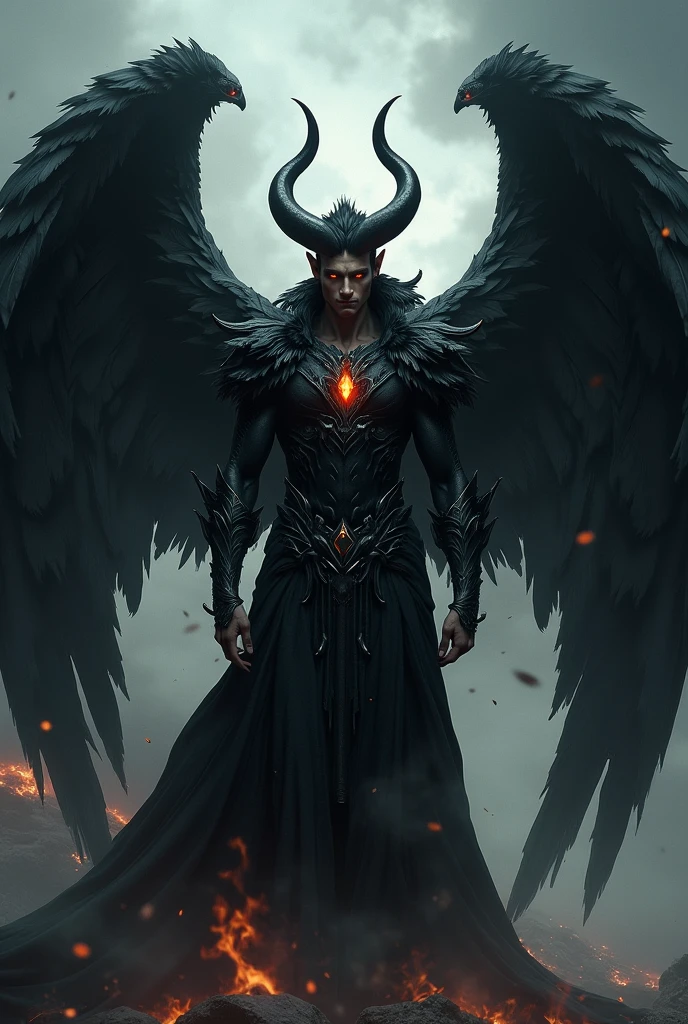 Create an image of a symmetrical figure with demonic wings and exposed anatomical details, standing in a majestic posture on a volcanic stone floor. The stage is illuminated by a reddish glow coming from a nearby lava river.. The overall tone conveys a mix of dark power and ancient mystery.. The wings of the figure are large and detailed, with almost realistic scales. The figure is standing with both arms extended to the sides., as if invoking a dark power. The reddish glow emits a dim light that slightly illuminates the figure's head.. The color palette consists of dark and muted tones., predominantly black and dark red. The wings are pearly black., contrasting with the dark background. The figure's skin is a greyish tone, almost translucent, standing out in the gloomy surroundings. The floor is a pattern of black and red volcanic stone, and the lighting is soft and diffuse, creating deep shadows and a mysterious atmosphere. The background is dark and hazy, adding an air of introspection and mystery to the scene, recalling the intense and supernatural atmosphere of 'Constantine'