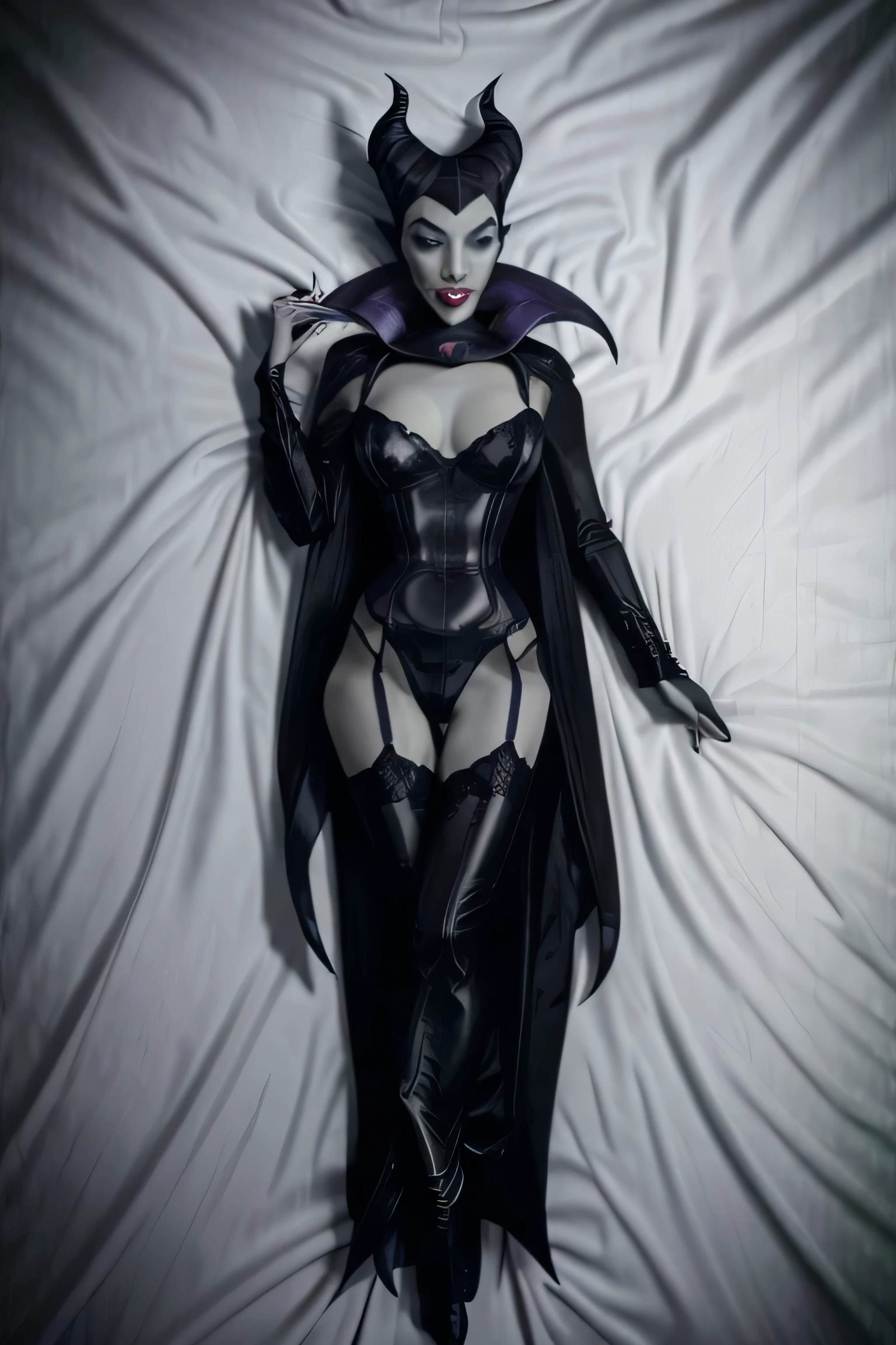 seductive woman, a girl lying down turning to look, White background, best quality masterpiece, 8k, sexy woman, black gothic lingerie, Whole body, green skin, Maleficent, Villain from the movie Sleeping Beauty, disney movie 1959, Art of Dakimakura