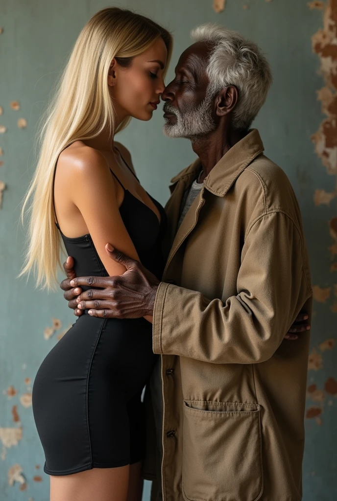 artistic portrait of a thin woman , breasts small, very white skin, hair blonde, her arm behind his back, Waist slender, standing, Serious countenance, gorgeous attractive face, Hugging and kissing an very old black man while he caresses her breasts, Old black man in beggar's clothes, old black man beggar, canon 50 mm, analog style. Cleavage. Xposed breasts, in a dirty alley
