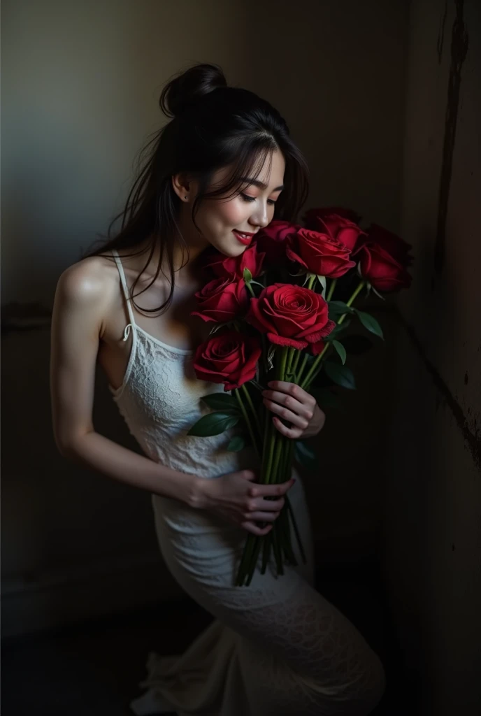 Create a black and white picture of a 40 year old Indonesian woman naked, he is drinking tea, The background is an empty room with only a table on top of which is a white vase with 3 stalks of red roses in it..