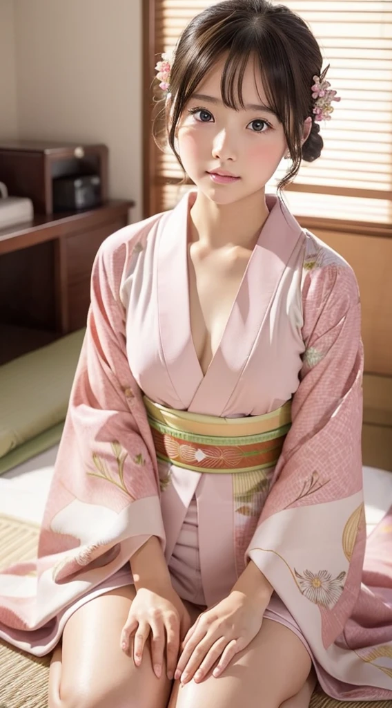Highly detailed CG Unity 8k wallpaper, Highest quality, masterpiece, (Realistic, Realistic:1.4), Ultra-high resolution, (Beautiful Japanese mature woman in yukata, alone), Inside a room at a traditional Japanese hot spring inn, Cowboy Shot, Perfect feminine figure, Attractive mature woman, Stunningly beautiful face, Enchanting Goddess, Part your lips, (Shiny skin), Structure of the film, Professional warm lighting and shadows, ((Highly detailed eyes and face, Beautiful eyes in every detail, Highly detailed and beautifully realistic skin texture)), (Balance your body, Accurate hands, Accurate Eyes)More realistic Realistic Highly detailed face and skin texture The detail in her face is truly extraordinary., The pores and contours of her skin are rendered with amazing accuracy..モノトーンの縦縞のBeautiful Japanese mature woman in yukata, alone), Inside a room at a traditional Japanese hot spring inn, Cowboy Shot, Perfect feminine figure, Attractive mature woman,The valley is visible(kimono)), (ふわふわkimono)),Shortcuts