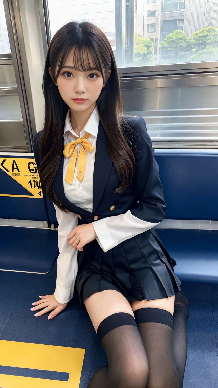 ​highest quality、8k、best image quality、Award-winning work), two beautiful women、radiant beautiful skin , masterpiece、top-quality、The ultra -The high-definition、depth of fields、lens flare 2 girls、、brown hair, watching at viewers glares, large breasts , stewardess uniform, (ivory stewardess blazer:1.3),  shirt, short ivory skirt, (blue ysl high heels), perfect legs, model pose, view from below, smiling , flight cabin,
