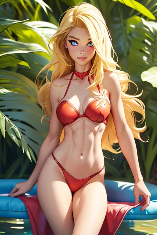 Supergirl,sunbathing light blonde,very long loose hair,voluminous floaty parted in the middle bangs, clean forehead, slim face,blonde eyelashes,big blue eyes,big dilated black pupils,dark eyeliner,small nose,light pink thin lips, slim arms,firm breasts,thin complexion,skinny,ripped eight-pack abs,slim waist,thigh gap,muscular legs, (best anatomy,detailed masterpiece,high contrast,beautiful face,score_9,score_8_up,score_7_up,ultra detailed,beautiful face,highres BREAK), red seamless g-string thong,blue strapless bikini top, pool in jungle background,relaxing on a pool chair, 3 thin pale girls,(2 shorter blonde petite girls),