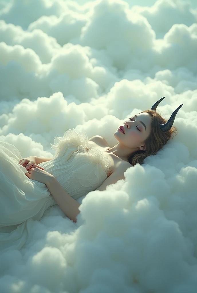 ((Best picture quality, 8k, tmasterpiece:1.3)), 1 Queen Medusa,(Break through the sky), naked Beautiful woman with exposed breast and nipple,Ultra-fine face, A detailed eye, double eyelid,The skin is smooth and delicate,Reflective skin,They want,Beds,Sit Pose,Faraway view