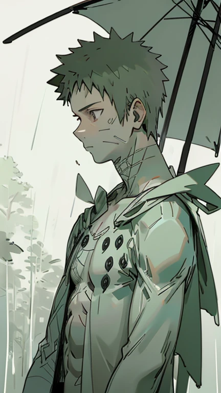 (Background of a forest with dull colors while the rain wet everything in the background) athletic boy whose face cannot be seen, but he should wear a mask with a small hole in his right eye as he is facing away from the camera with his back slightly curved and his entire body covered in white bandages, that doesn&#39;t let any skin show. (without umbrella)
