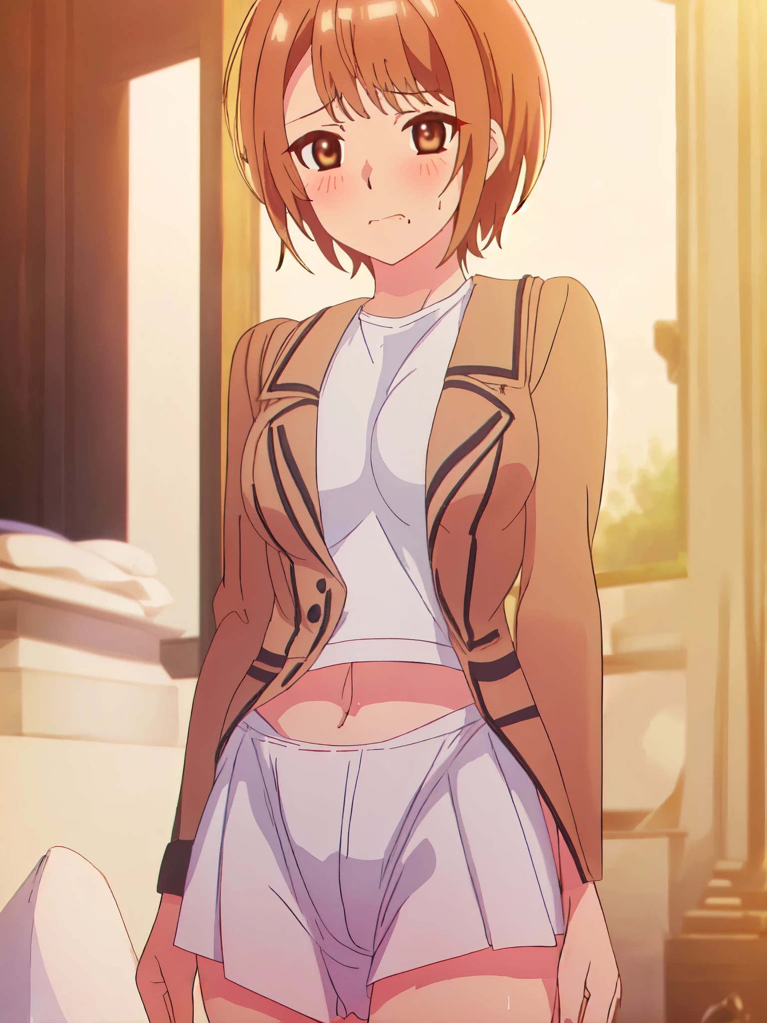 (1 female、Digging into the crotch、White camisole、Cute Bra)、Standing with your legs together、Long socks、Blushed、shameずかしい、cute、short hair、Esbian all over body、Light brown hair、(masterpiece、Highest quality)、 Glowing Skin、(1 girl: nose, Naughty blush, Sweat flowing)、shame