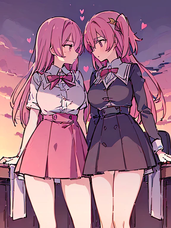 ((2girl),(yuri),(Stare deeply into each other's eyes)), (illustration), (masterpiece,best quality,high-resolution,detailed fingers,detailed hands,detailed eyes,detailed legs:1.5), (Anatomically correct number of limbs),  (long hair,short hair,pink and red hair), (big breasts),((clothed))), ((orgasm), (spoken heart)),((classroom),(twilight sky))