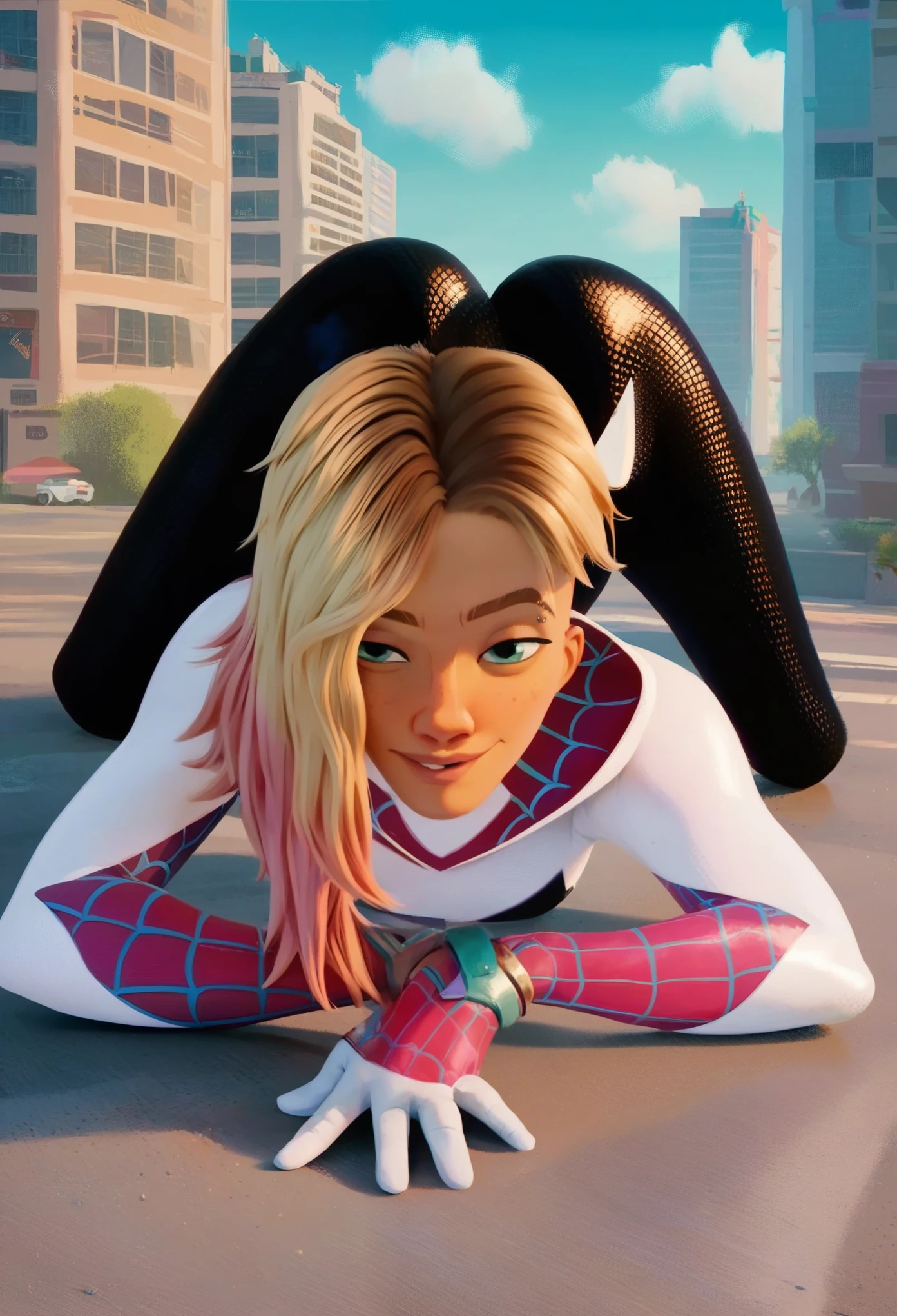 A realistic, hyperrealistic Spidergwen with athletic muscle, textured saturated white black and pink trage, (best quality,4k,8k,highres,masterpiece:1.2),ultra-detailed,(realistic,photorealistic,photo-realistic:1.37),professional,vivid colors,bokeh, full body, tight leotard wedge in vagina, vulva, clitoral hood, vagina, cameltoe