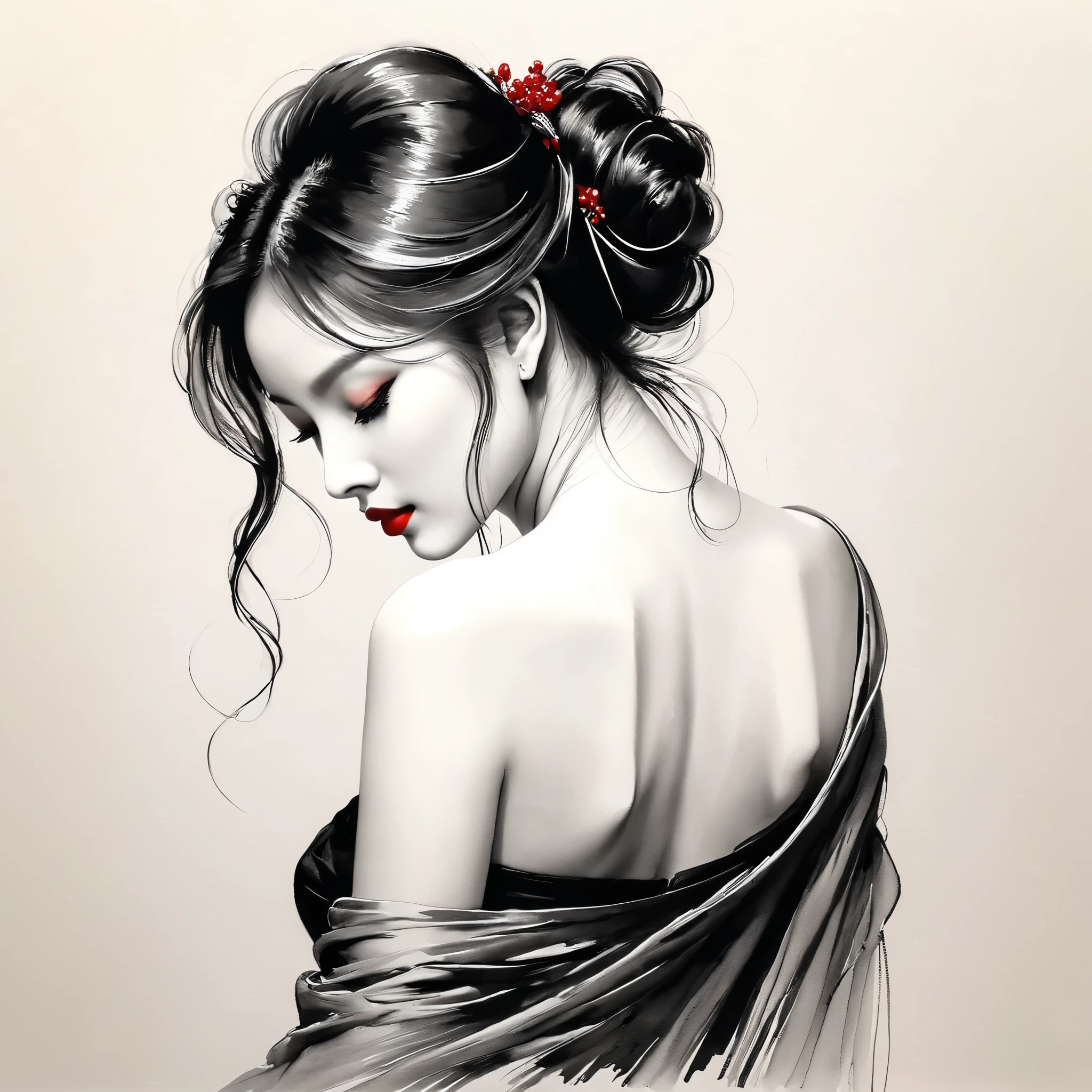 elegant maiden,black andwhite水墨画,pen sketch drawing,loose brushwork,Pen outlines delicate lines,Fluid action,Subtle shades of paint,elegant posture,A peaceful expression,Delicate facial features,black andwhite,to clean, little red.