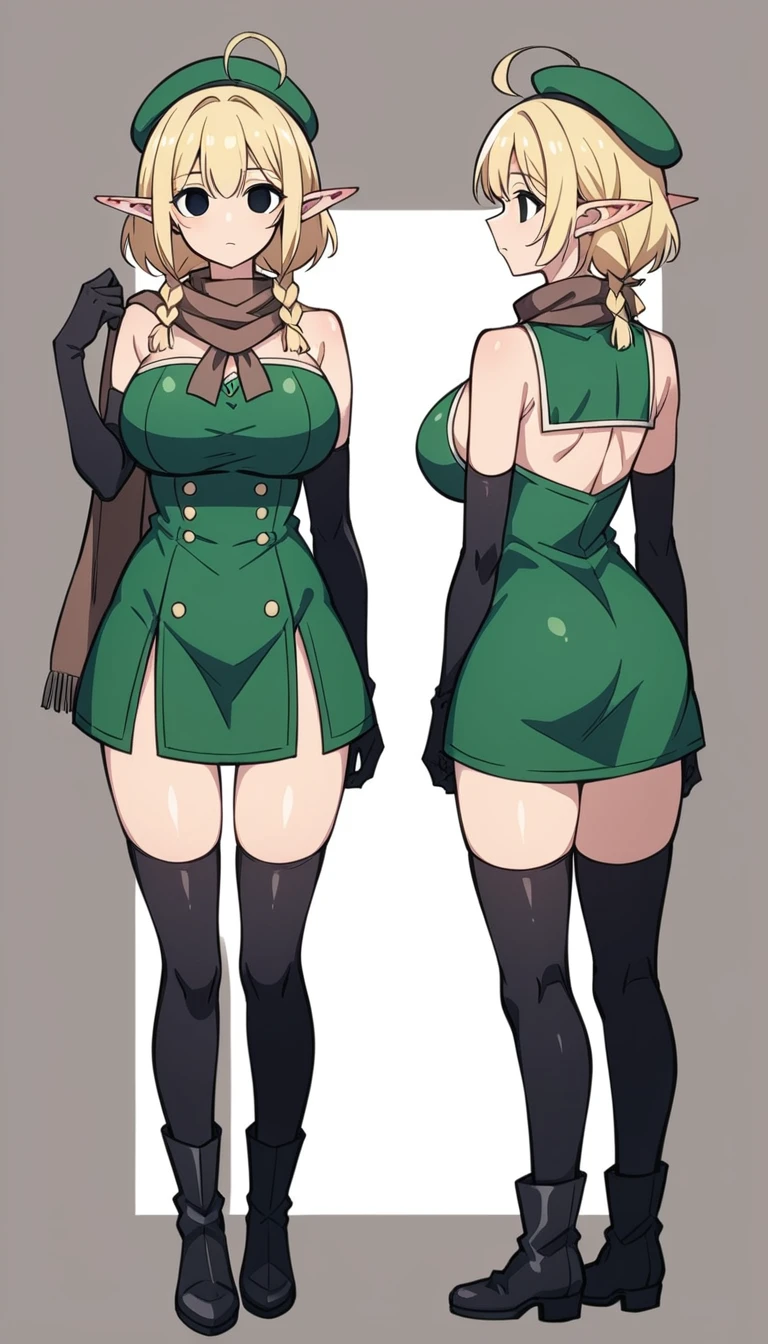 Fairy、1 Female、female only、short hair、blonde、slender、Big Breasts、empty eyes、Black elbow gloves、(Black knee-high socks)、little black beret、Brown scarf、Green Dress、black studded jacket、Brown boots、(full body)、Standing upright、Thin thighs、Armpit、belly button