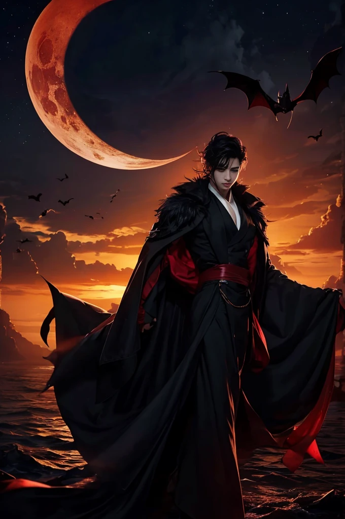 Highest quality,masterpiece,A crescent moon visible through the passing clouds,A Western castle mysteriously glowing in the darkness of night,Bats flying around,Dark Silk Robe,The lining is deep red,Black Formal Suit,A pale-skinned young man in his 20s,Dazzling red gaze,Floating in the air,Moderate,All-back black hair,Lips are red、length, Sharp Fangs.,Fresh blood dripping from the mouth