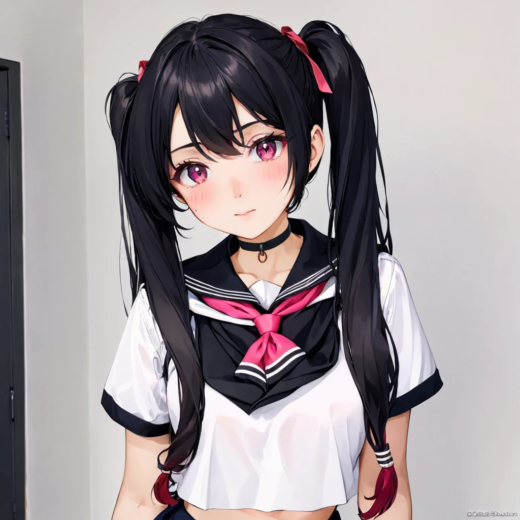 (High resolution, 8k, best quality, masterpiece, ultra detailed), anatomically correct, anime, 1girl, very long low twintails, red ribbon, very long low pigtails, black hair, serafuku, black sailor collar, white blouse, pink neckerchief, school, from front