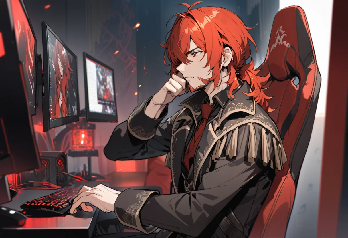 add red facial hair, add red short beard, Diluc sitting in front of computer monitor, staring at computers, pc setup, sitting in a gaming chair, hand on chin, dark bedroom background, 1male, man, masterpiece, high quality,Diluc, Red eyes, long messy red hair, black suit, stern expeession, Diluc with beard