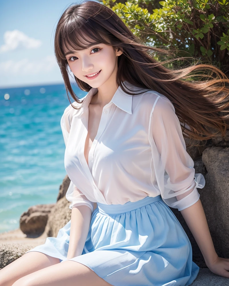 (highest quality, 32k, High resolution, Masterpiece:1.5, ), marimo_jet, Transparent air, An award-winning masterpiece with incredible detail, Beautiful Japanese Girls, An exceptionally beautiful face, Shiny brown hair, ((Beautifully groomed super long silk hair)), Asymmetrical bangs, Hair between the eyes, Beautifully trimmed, thin eyebrows, Magical big eyes, Beautiful double eyelids, Smooth and clear white skin, Pale pink detailed lips, Natural Makeup, Rich expression of emotions, Motherhood and generosity, Overflowing affection, (A gentle smiling face:1.3), Lightweight silk blouse, Black pleated skirt, sit, Absolute area, Slim figure with ample breasts, High resolutionの美しい太もも, Luxury Cruising, Beautiful, clear blue sea stretches to the horizon, Gentle sunlight, detailed blue sky, Professional Lighting, Professional Photographer, Professional models