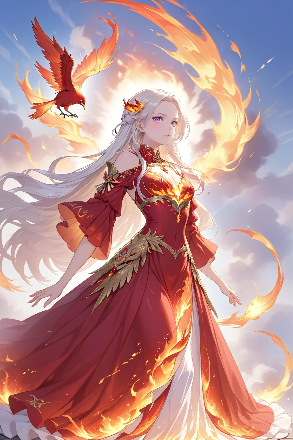 (best quality,4k,8k,highres,masterpiece:1.2) The mythology bird Phoenix also known as the Fenghuang is a divine figure bird with a body made of beautiful flames, the whole area is in great flames and raining fire, burning everything down and starting all over again, the ruler of reincarnation and eternity, a dazzling light will remain and a new life will begin,dynamic angle,from below,edelgard_von_hresvelg,white hair,purple eyes,red and gold fiery gown,very long hair