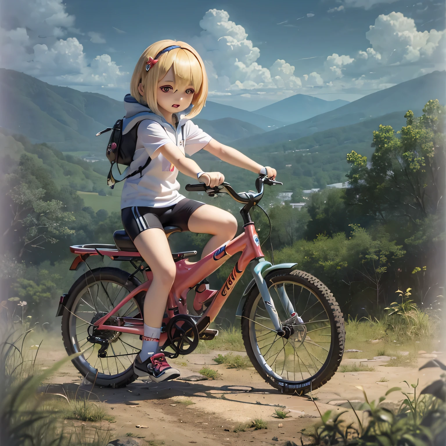 Anime girl on a bicycle with a backpack on her back - SeaArt AI