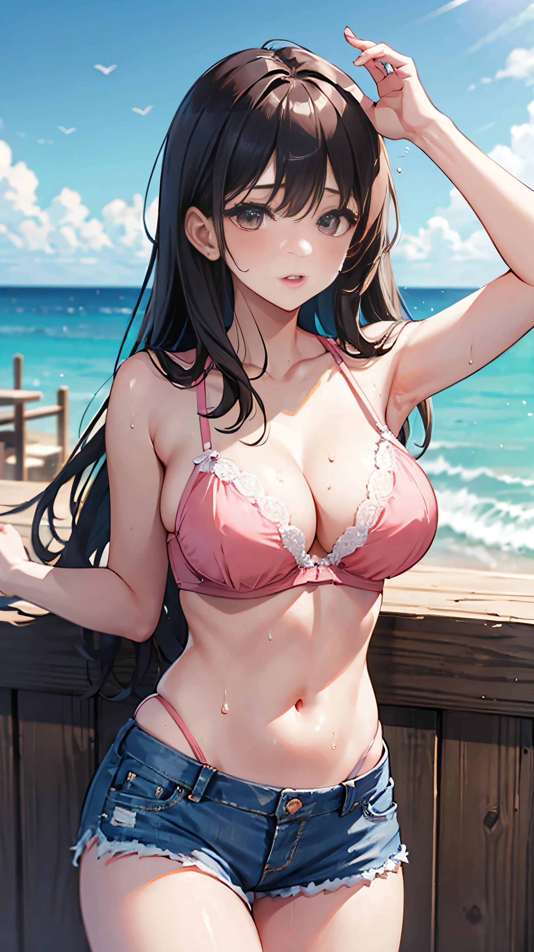 (Best Quality,High resolution,8K,finelity detailed background,Masterpiece:1.2),beautiful girl,Shiny brown hair,messy hair,Brown eyes,Gentle look,A refreshing look,Best quality,Best Quality,Aesthetic and aesthetic:1.2,Best details((Super detailed))(High-definition CG illustrations),Swimwear,Slender body,Light of the sun,Ocean,Sandy Beach,smile,blush,cute,Scrounge,Looking up,Being spoiled,super model