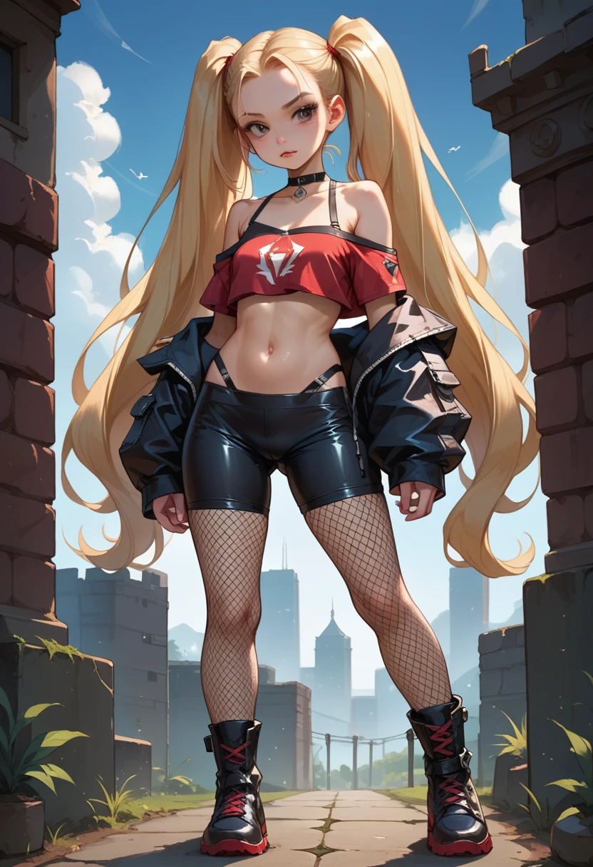 tight black latex bike shorts, loose off the shoulders red crop top, visible bra straps, 2, young adult, rebelious, thick black leather boots, very long blonde twintails, fishnet pantyhose