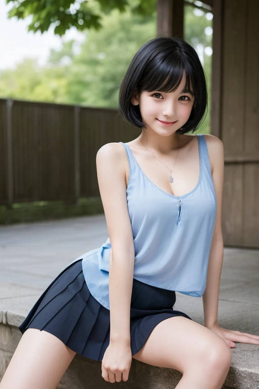 [[[Sixth grade primary school student]]],girl,short hair,Black Hair,smile,[[[Shining Eyes]]],Inside the room,Bed,Sit down,Tank top,skirt,small bulge in the chest,,front,Look here,transparent, (masterpiece, Highest quality), Soft Light, Structure of the film, Like in the movies