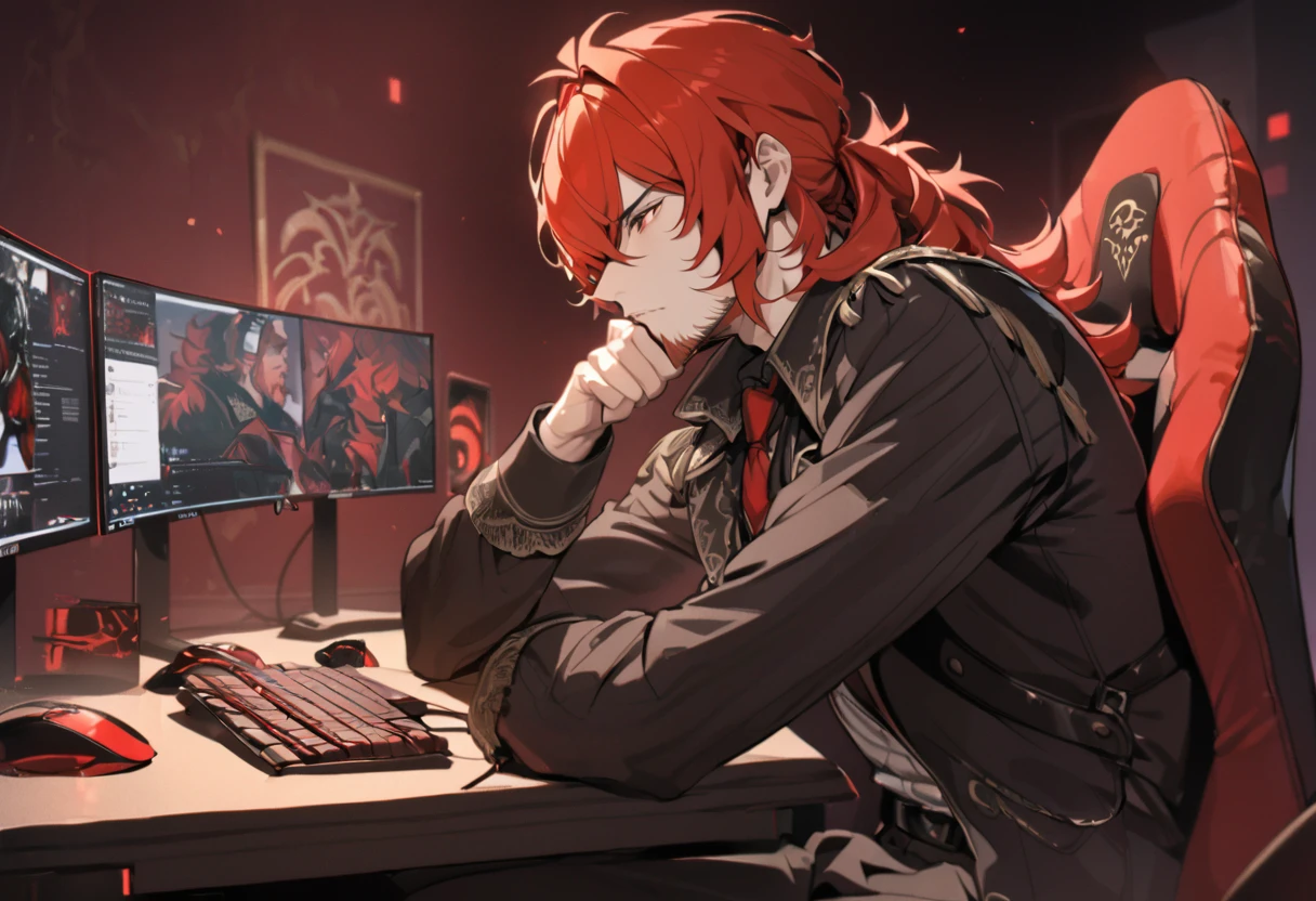 add red facial hair, add red short beard, Diluc sitting in front of computer monitor, staring at computers, pc setup, sitting in a gaming chair, hand on chin, dark bedroom background, 1male, man, masterpiece, high quality,Diluc, Red eyes, long messy red hair, black suit, stern expeession, Diluc with beard