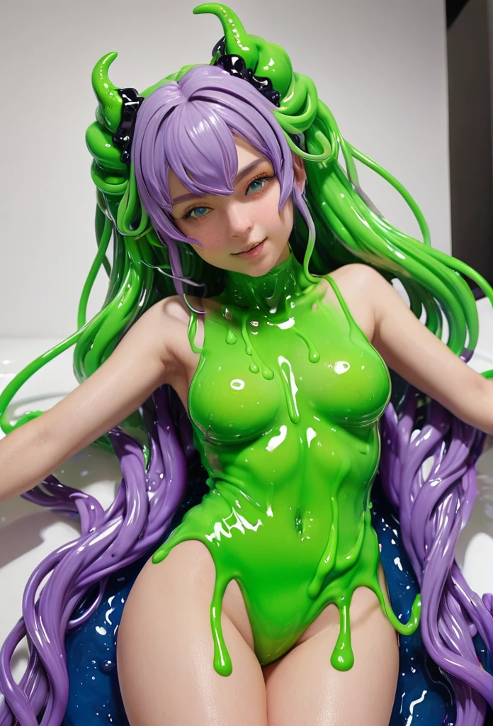1 girl laying on the ground, restrained in a sticky and slimy cocoon, surrounded by plant life