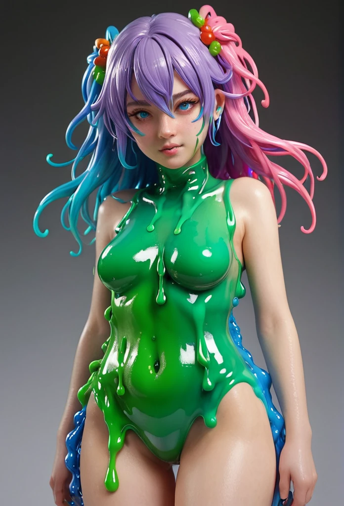 (masterpiece, best quality:1.2, perfect hands, parfect fingers, parfect face, high resolution, high detail, 4k,) 1 girl, (tiny, little, junior, , teen student, little age, young, young age, green age,) (((translucent body, slime body, slime wet body))), slime cloth, blonde hair, forehead, messy hair, piercing ear, slime cloth, flat chest, ((dark skin)), (((skinny, ribs, skinny stomach, slim waist,))) wasp waist, half open eyes, ((black eyeshadow, black shadow under eye)), flaccid penis, droop penis,