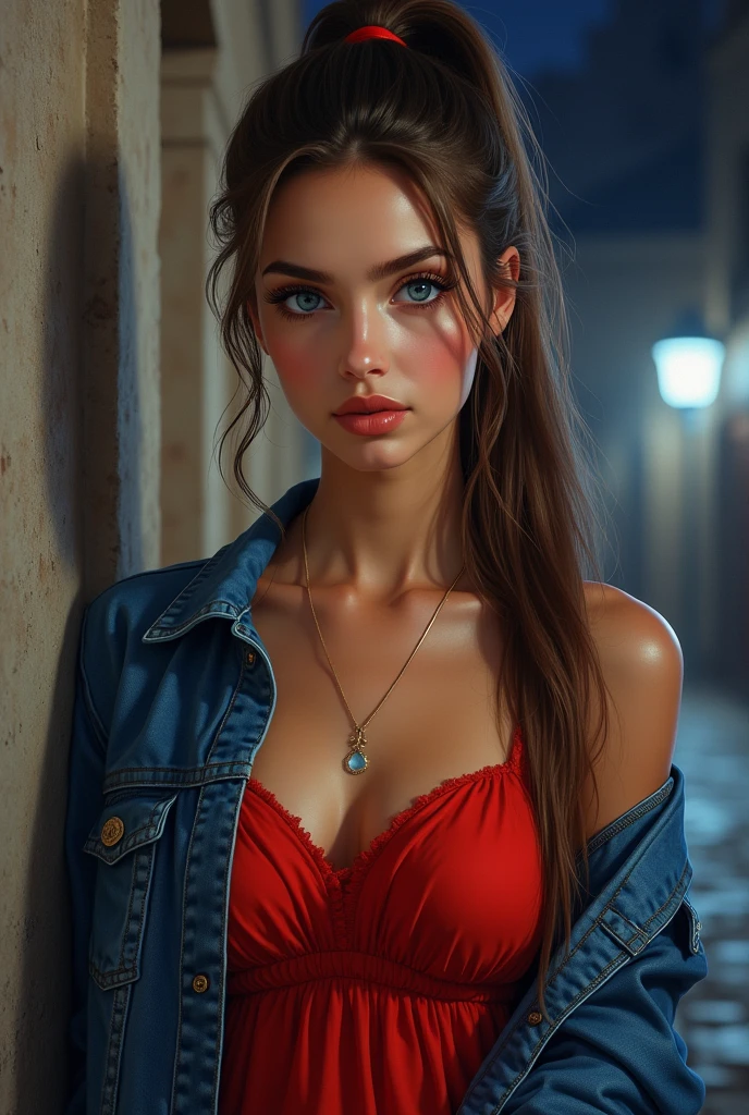 (best quality,4k,8k,highres,masterpiece:1.2),ultra-detailed,realistic,photorealistic:1.37, beautiful detailed eyes, beautiful detailed lips, extremely detailed face, long eyelashes, intimate view, classic oil painting, soft lighting, vibrant colors, warm tones, atmosphere, young and beautiful 19 year old Serbian hijab girl, slim and slender, timid expression, flawless skin texture, perky, gentle breeze, sexy and feminine pose, light smile, wearing winter coat, red lace bra, red lace underwear, red lips, walking on a dark alley, winter time, night, {{{Front POV}}}.
