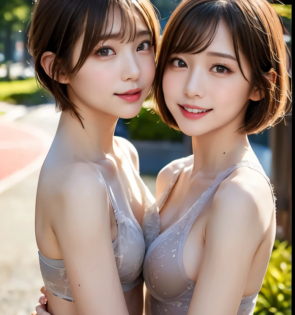 Highest quality、8k、Best image quality、Professional Lighting、Natural light、Ultra-high resolution、Clear photos、Beautiful and delicate skin、No makeup、thin、very cute３people々々々、(Bian、same-sex love、Love Each Other)、White skin、(Very short hair:1.6)、Brown Hair、(Small breasts、Flat Chest)、Large erect nipples、Exquisite appearance、(Affectionate３people々々々:1.8、kiss３people々々々:1.8、Embrace each other:1.8、Put your lips on it:1.6)、Detailed Background、３people々々々々idol group member:1.6、(Wearing white underwear:1.8、Small underwear、See-through underwear)、Full body photo、(Expressions of joy、Ecstasy)
