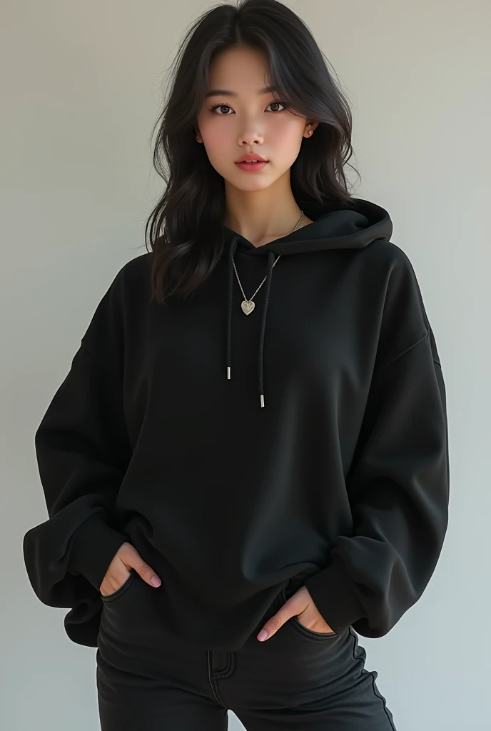 (masterpiece:1.5)、(highest quality:1.5)、(8K:1.3)、(RAW photo:1.3)、(photorealistic:1.3)、(Super detailed:1.3)、(ultra high resolution:1.3)、(Beautiful skin with great detail and brightness:1.2)、(Highly detailed and natural double eyes:1.2)、Beautiful light from the window、In a room at home where light shines in、(cute pose)、(the most beautiful woman:1.2)、20-year-old、(Beautiful black medium straight hair:1.2)、natural color lip、(White simple panties:1.2)、(Black Long Hoodie:1.3)、(Glossy beautiful feet)、(blushing cheeks:1.2)、Breast size is medium、(shy smile:1.2)、full body portrait、facing forward