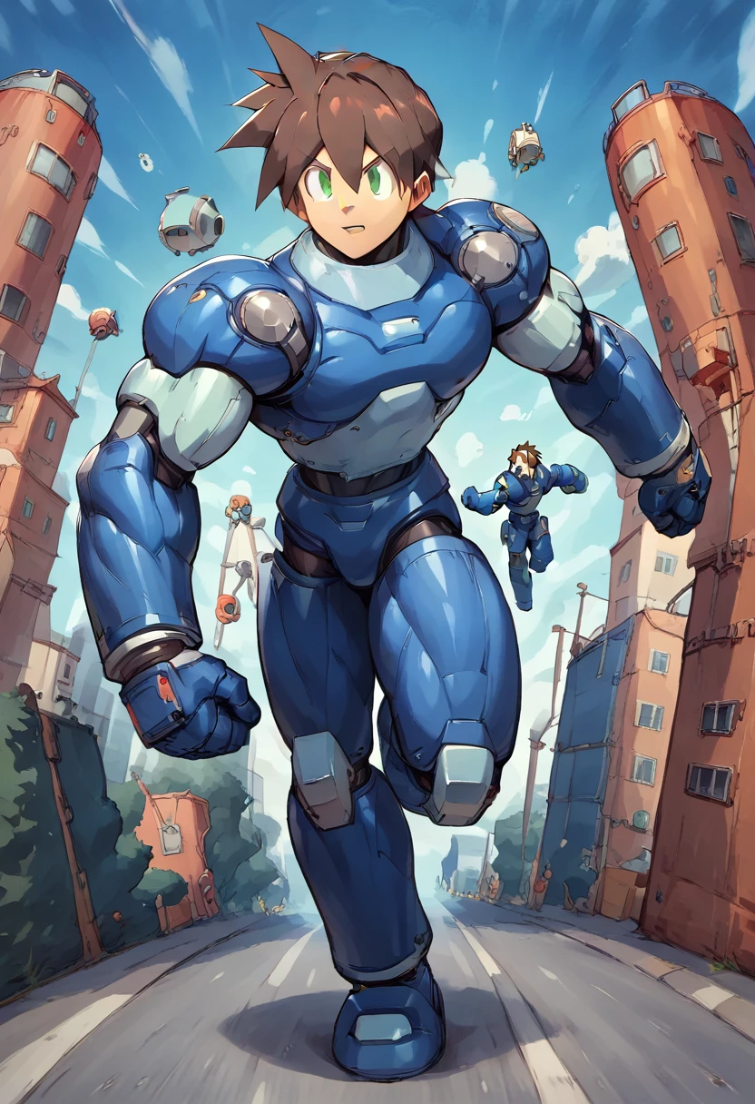 Highest quality,RAW Photos,Professional Art Works,running,m3g4m4n,Blue Armor,Brown Hair, boy,male focus, brown hair, green eyes, 独奏, android, hair between eyes,((Huge muscles,Huge erect penis,))