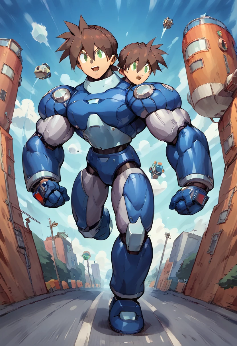 Highest quality,RAW Photos,Professional Art Works,running,m3g4m4n,Blue Armor,Brown Hair, boy,male focus, brown hair, green eyes, 独奏, android, hair between eyes,((Huge muscles,Huge erect penis,))