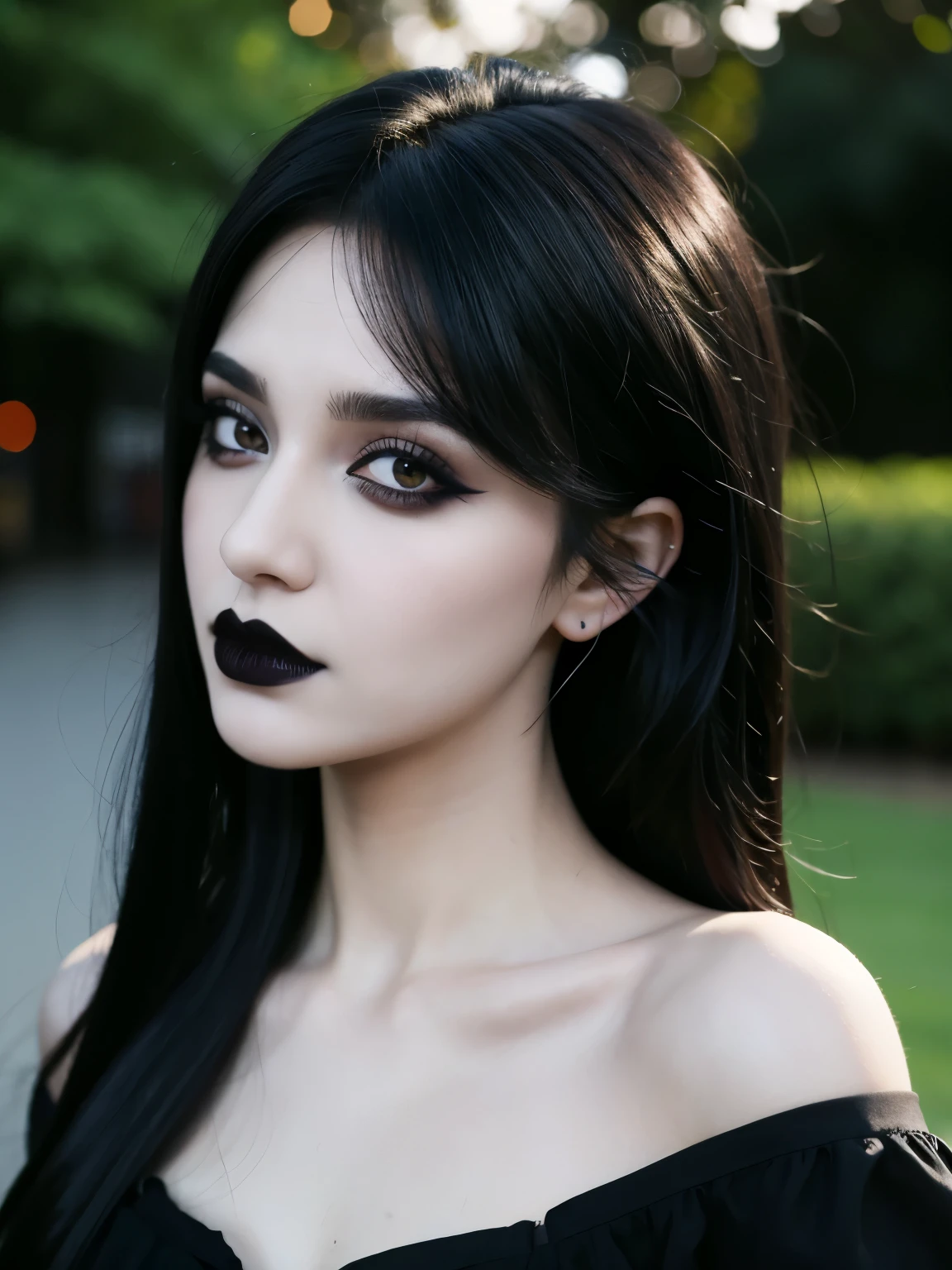 (masterpiece, best quality:1.2), 1girl, solo, nose ring, nose piercing, goth, goth makeup, black hair, bangs, black lips, black lipstick, pale skin, head tilt, outdoors