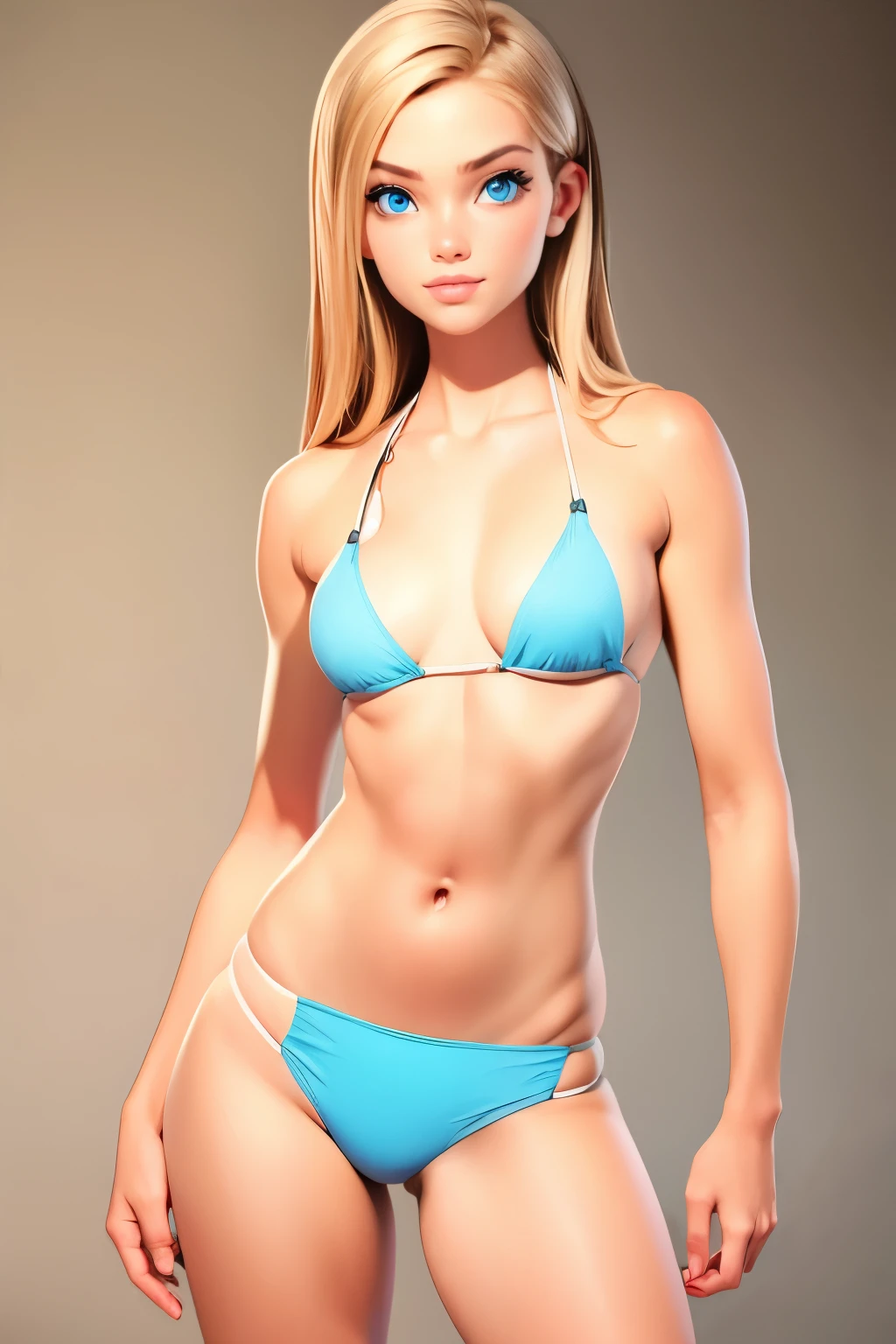 (Flat chest), bikini, (blue eyes)