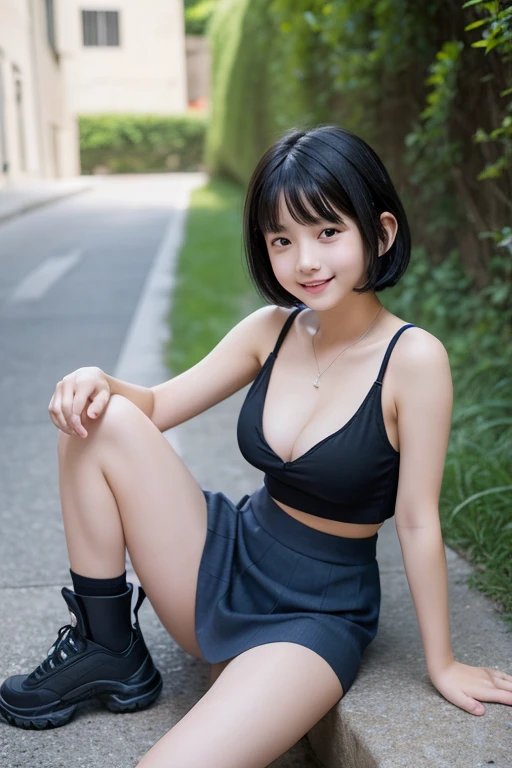 (Highest quality, masterpiece, Ultra-high resolution, 8K, RAW Photos, Realistic, Anatomically correct:1.5), 20-year-old girl:1.2, Embarrassing, avert your eyes, blush:1.0, View Viewer, ((bar)) 、Night view、 Light:1.2, Bokeh, Cinema Lighting:1.0, Depth of written boundary, sharp、 Cute face、Idol、Black short sleeve lace top、Black pleated skirt、Shiny black clothing、”dwarf”、(Floral clothes)、(Full Body Shot)、Side angle、Cowboy Shot、 smile、((Ultra short hair、Berry Short))、(Straight bangs)、((See-through))、(( One Girl))、Waist、I can see your thighs、Large Breasts、