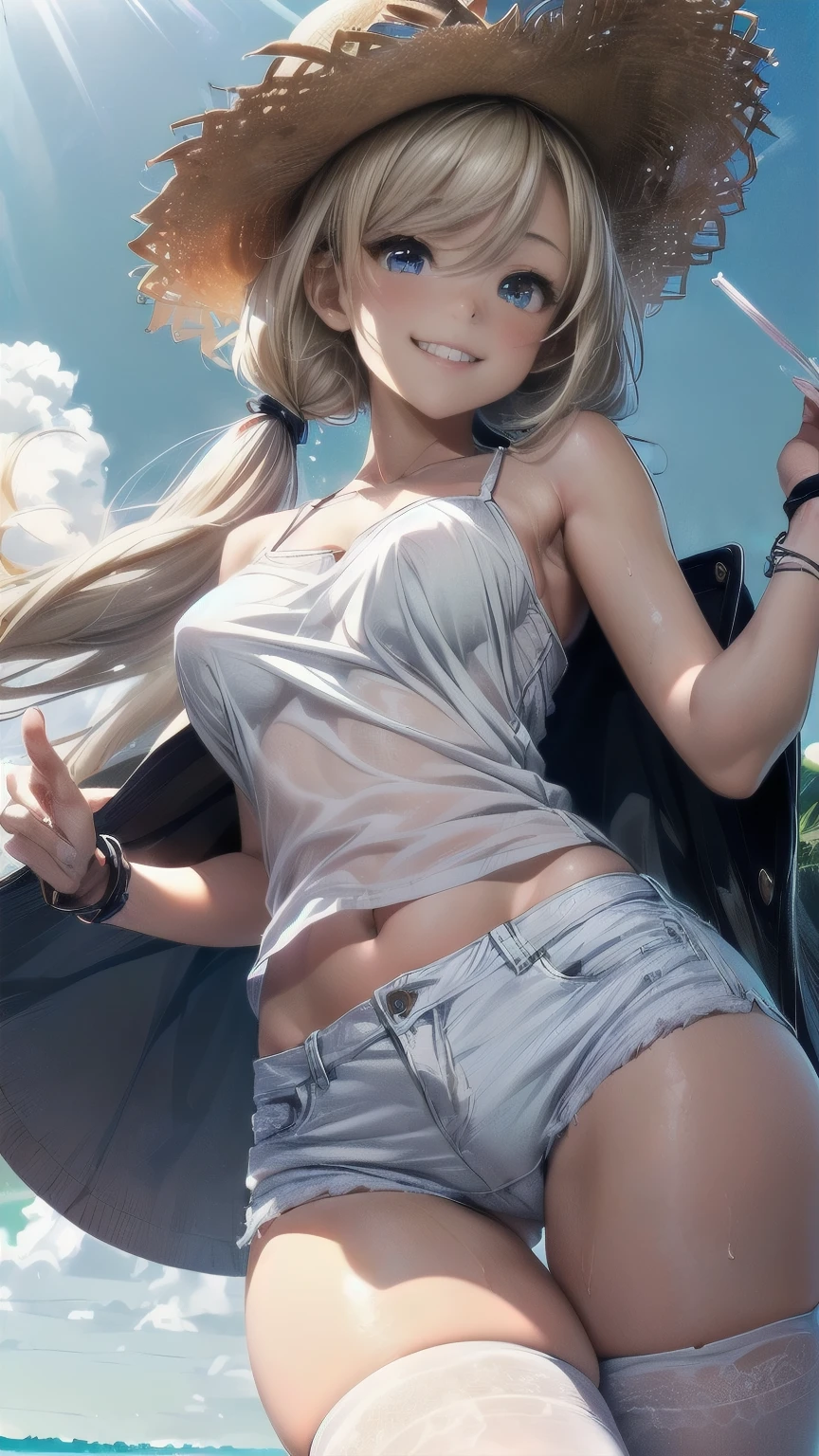 1girl, white skin, mature, (((BIG SMILE)))), long wavy hair, thick eyebrows, eyes with heterochomia, mole below the eye, thirsty, sleeveless hooded with ribbon, arms tied, shorts with side slits, well built, huge breasts, small waist, wider thighs, wide slit of thigh, one hip forward, standing, in coffee, shot from below,  8k, photorealistic