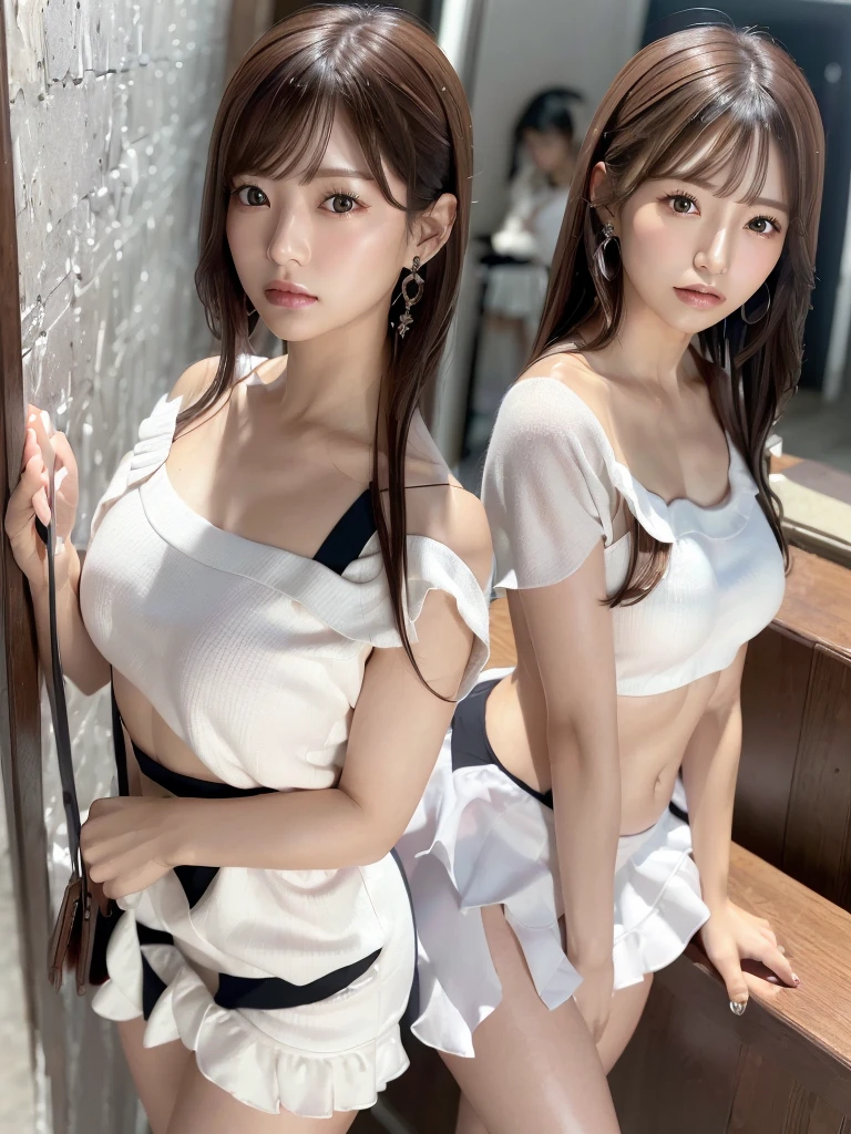 ((masterpiece, highest quality, High resolution, 超High resolution, Perfect Pixel, Depth of written boundary, 4K, RTTX 10.0, High resolution))), (Three adult women:1.3), Beautiful Anime Woman, (baby face, idle face), Beautiful art style, Anime characters, ((Long Hair, bangs, Dark brown hair, ponytail)), ((Beautiful eyelashes)), ((Detailed face, blush:1.2)), ((Smooth texture, Realistic texture, Anime CG Style)), Perfect body, Slender body, Exact finger count、Exact number of legs、Exact number of arms, (blush:1), (Three women are standing with their skirts turned up, Looking Back, The women on either side are standing next to the woman in the center:1.2), ((White stylish shirt, Checkered Skirt:1.2)), Knee-high socks, (Lift up your skirt yourself:1), Realistic, Slender body, highest quality, High resolution, Very detailed face, Perfect lighting, Extremely detailed CG, (Perfect hands, Perfect Anatomy), Embarrassed expression, (Station platform:1.3), whole body, ((Stylish white satin panties:1.2)), (Exquisitely designed luxury underwear for adults, High resolution image of panties), Angle from the rear, Looking Back, ((Tight waist:1.2)), Small beautiful butt、Thin thighs, Beautiful breasts