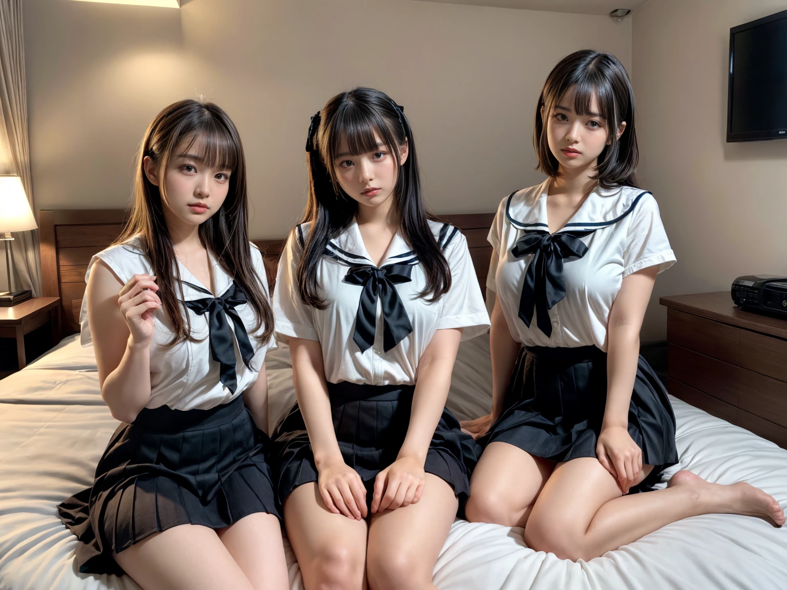 masterpiece, best quality, illustration, Super detailed, fine details, High resolution, 8K,wall paper, perfect dynamic composition,(Details High quality, realistic depiction of eyes:1.3), (3 girls), Black Sailor Uniform, serafuku, Navy pleated skirt, sitting, open legs, short bob hair, in a hotel room in the background, deep on field, large breasts, black hair color, Big Natural Color Lip, (perfect body shape), crying a little、Harajuku style、20 year old girl、cute type、beautiful legs, Gravure Idol