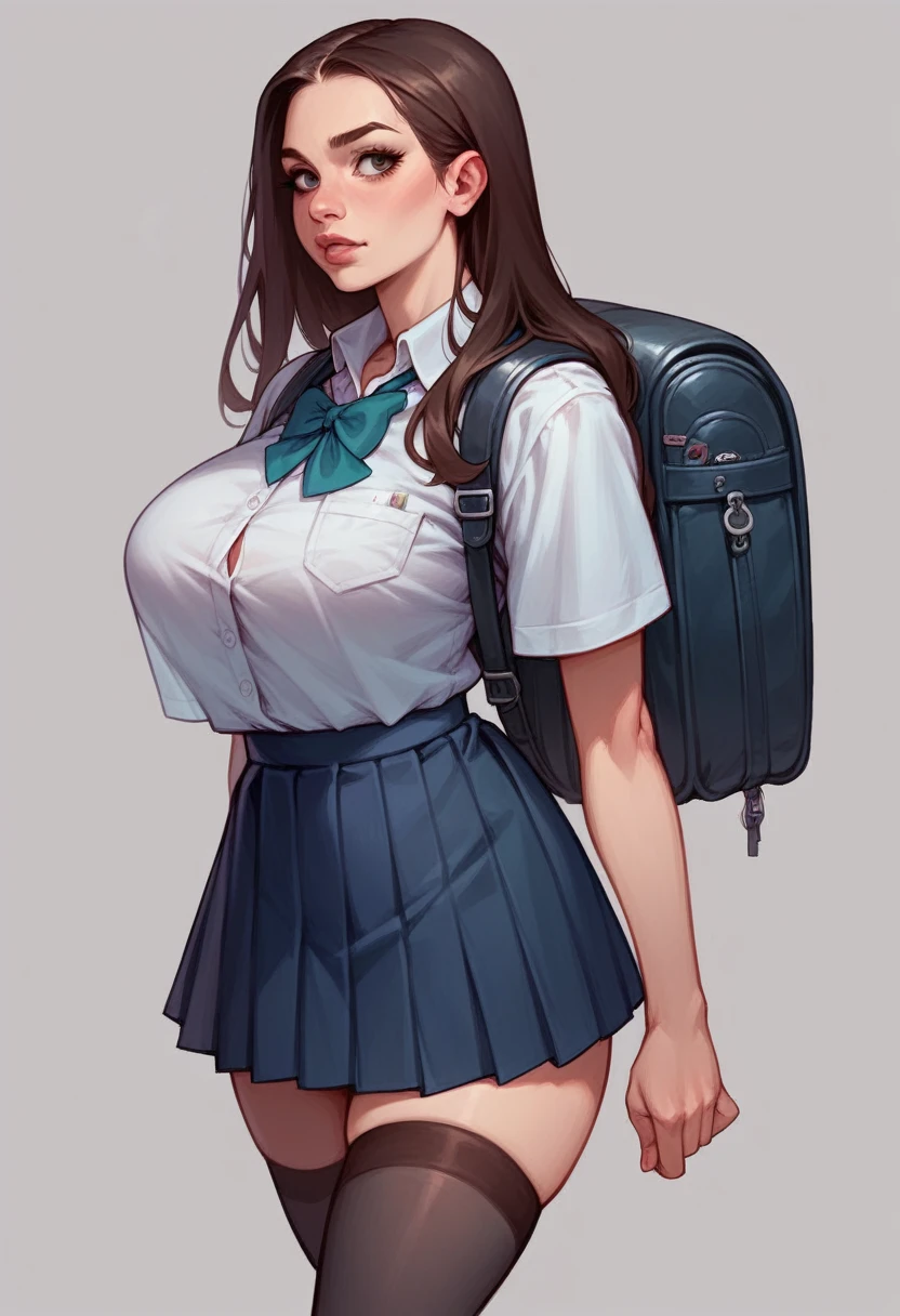 (1girl), black hair, extremely long hair, yellow eyes, ((muscular)), (huge breasts), thick thighs, solo, angry, (pale skin), cowboy shot, school uniform school uniform