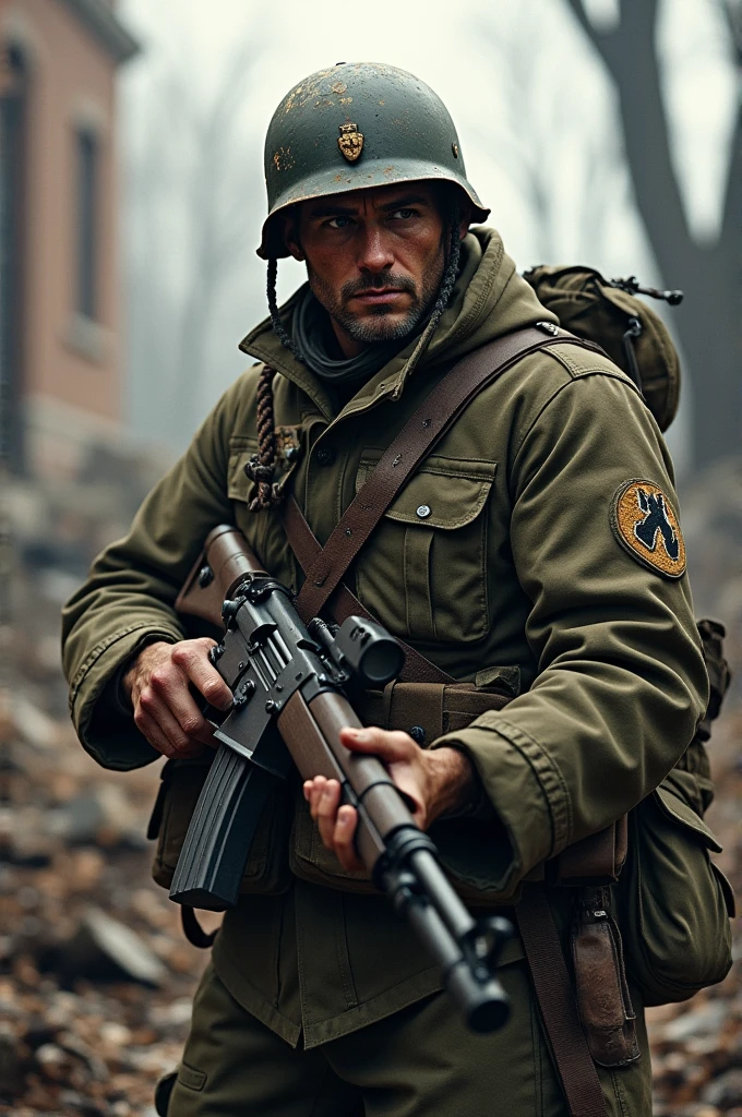 Uma foto de corpo inteiro de soldado na guerra