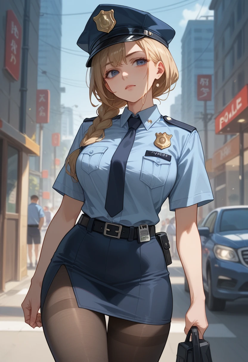 Japanese woman police officer, Walkie talkie on right shoulder, Tight Skirt, erotic pantyhose, 