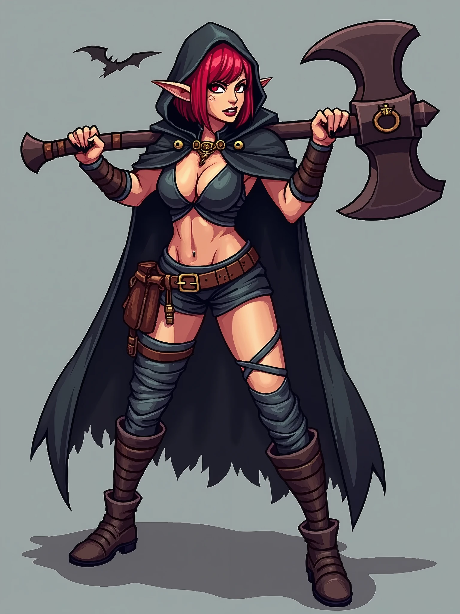 A barbarian woman (fur bikini, battle axe, knee high fishnet stockings (tears)), power poses wielding axe, flirting, corpse strewn battlefield