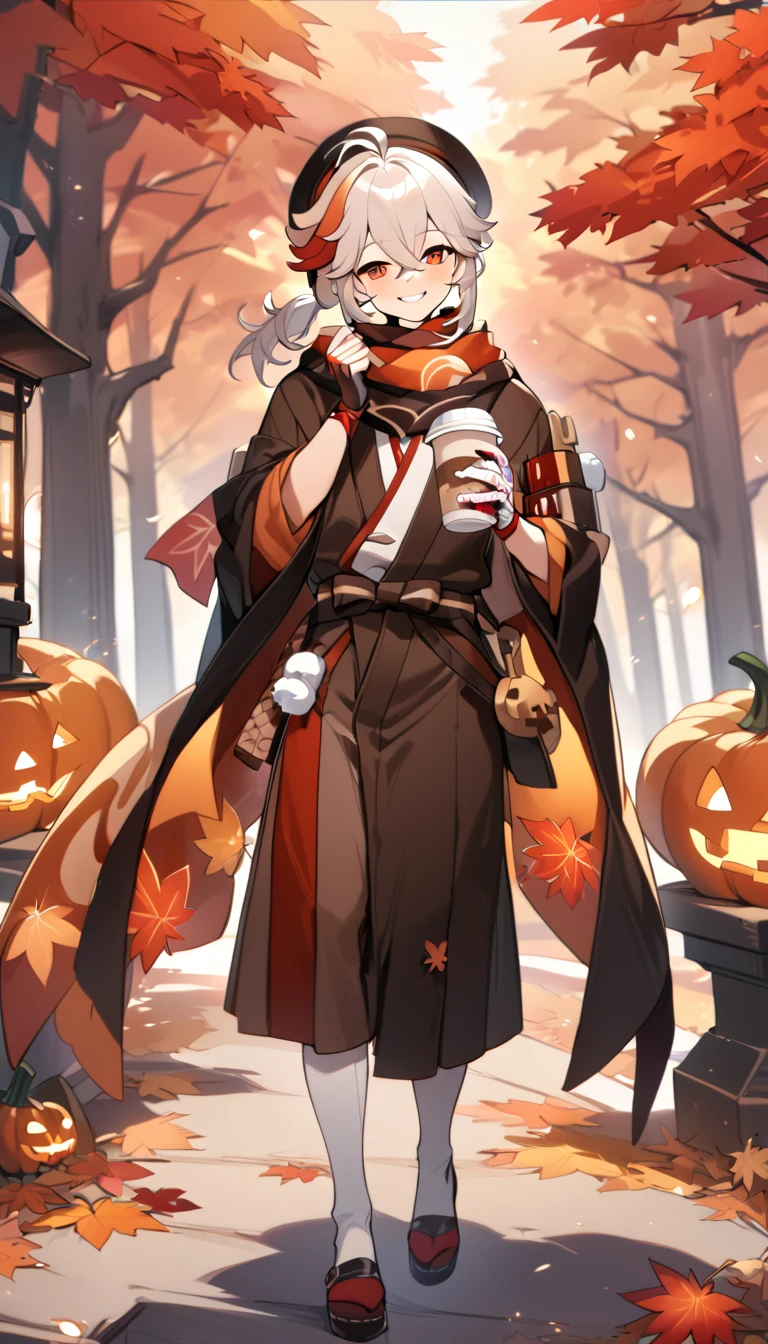 full body, kaedehara kazuha holding a Starbucks coffee cup with whipped cream, holding pumpkin spice latte, wearing a winter scarf and hat, smiling, happy, Jack o lantern pumpkins in the background, high quality, masterpiece,autumn leaves, autumn forest, fall forest, beautiful,best quality,1boy, solo, male focus