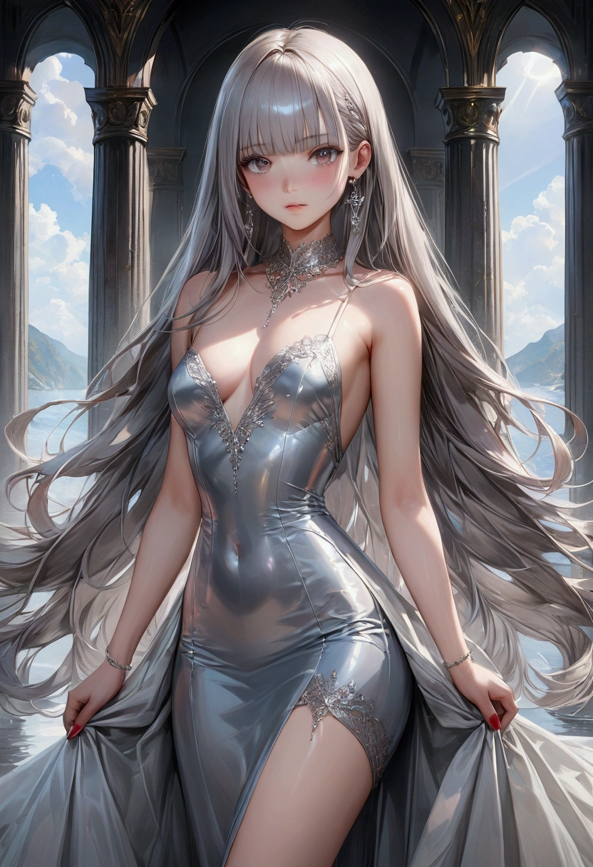 1girl, st. louis (azur lane), standing, upper body, dress, silver dress, (revealing clothes:1.3), scenery,, anirl, best quality, ultra high res,