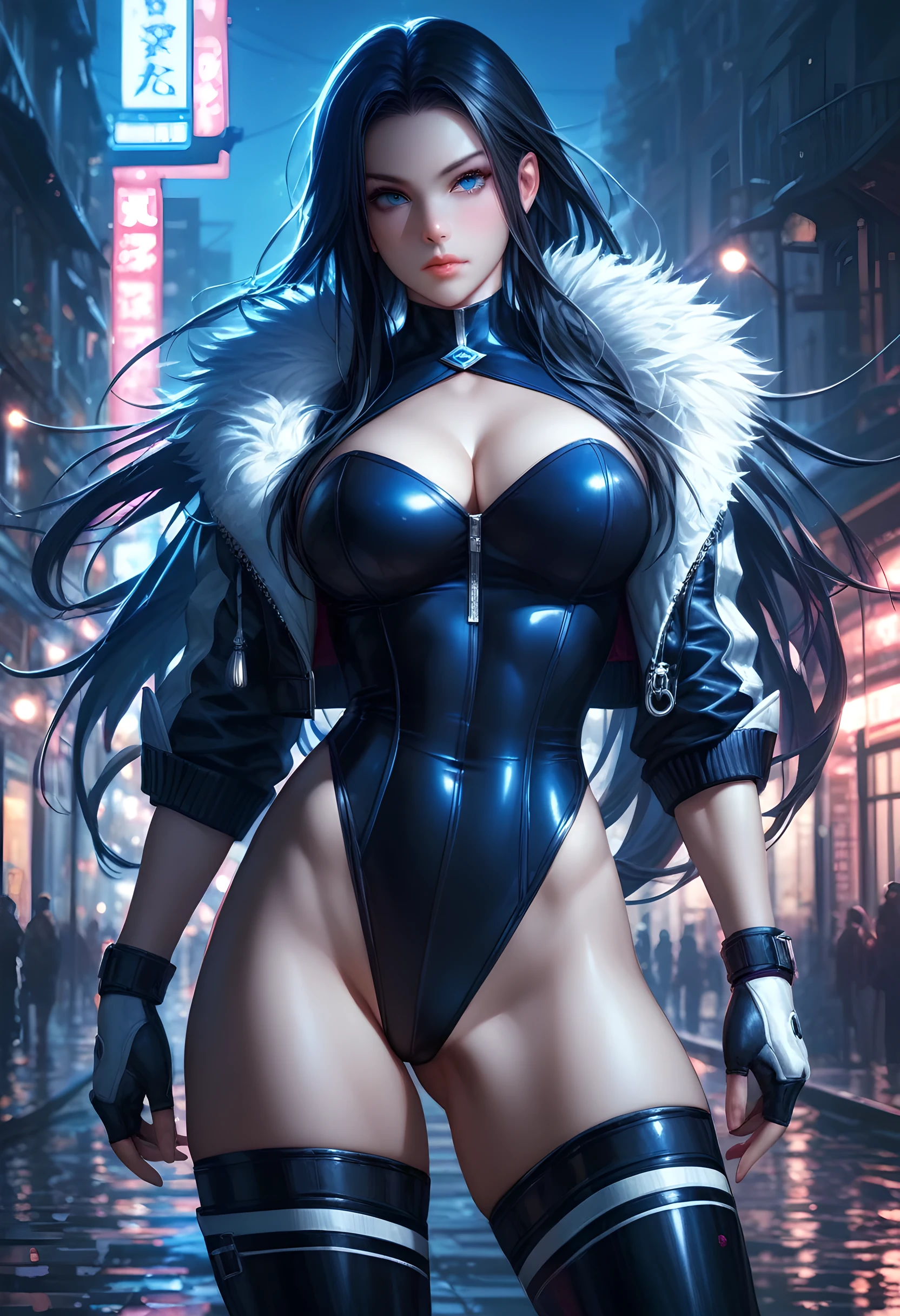 Image of a white woman with bangs and blue-black elbow-length hair, blue eyes 1.I look slim in a short shiny black dress with a fur coat that goes to the knee and wearing black tights with Louboutin heels