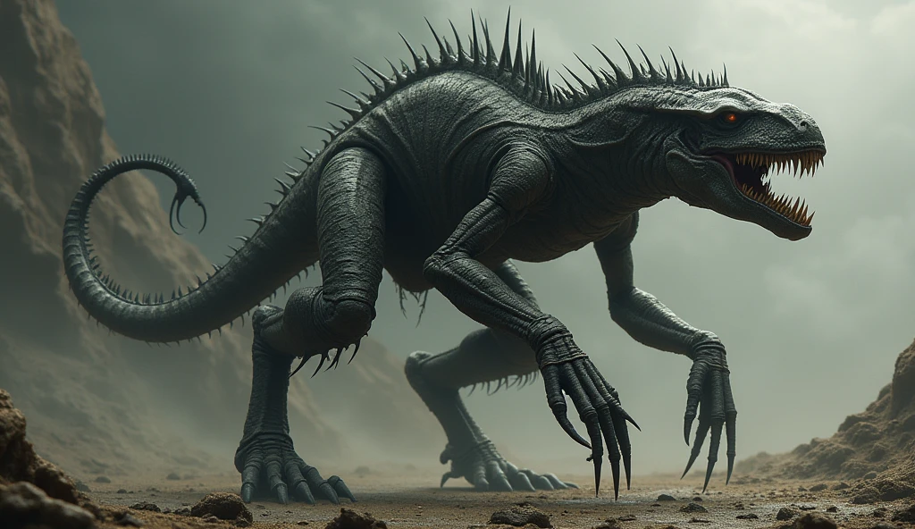 I want an alien with skin, a head like a dinosaur with sharp, haphazard teeth, a webbed mouth, two arms like a grasshopper with long spines, four legs, the front legs being longer than the back legs, and the feet of the front legs being like a raptor that can be used as both hands and feet at the same time, a tail end like a scorpion with spines, no eyes, so when you look at it you know it looks like a mix of many different animals.