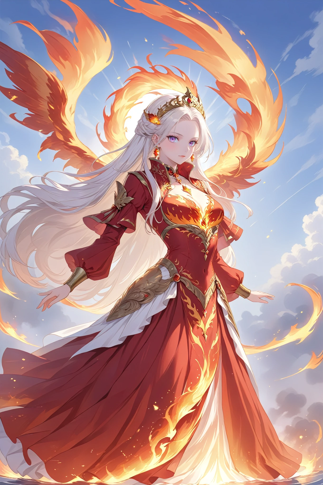 (best quality,4k,8k,highres,masterpiece:1.2) The mythology bird Phoenix also known as the Fenghuang is a divine figure bird with a body made of beautiful flames, the whole area is in great flames and raining fire, burning everything down and starting all over again, the ruler of reincarnation and eternity, a dazzling light will remain and a new life will begin,dynamic angle,from below,edelgard_von_hresvelg,white hair,purple eyes,red and gold fiery gown,very long hair